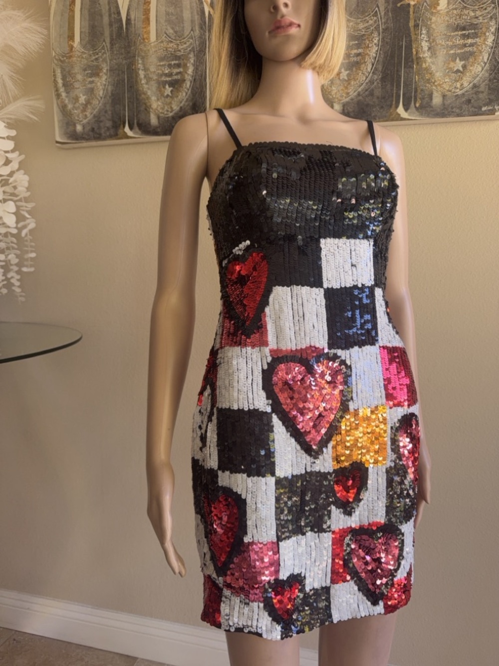 Nasty Gal Black, White & Red Sequin Heart Checker Mini Dress